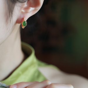 Chinese Style Green Jade Ear Clips for Women, Light Luxury Gold-Inlaid Jade Earrings, National Wind Ear Accessories