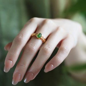 Chinese Style Hetian Jade Green Gourd Ring for Women - Pure Silver & Gold-Plated, National Wind Wealth Gathering Jewelry
