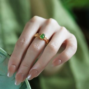 Chinese Style Hetian Jade Green Gourd Ring for Women - Pure Silver & Gold-Plated, National Wind Wealth Gathering Jewelry