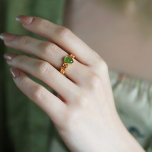 Chinese Style Hetian Jade Green Gourd Ring for Women - Pure Silver & Gold-Plated, National Wind Wealth Gathering Jewelry
