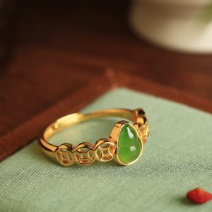 Chinese Style Hetian Jade Green Gourd Ring for Women - Pure Silver & Gold-Plated, National Wind Wealth Gathering Jewelry