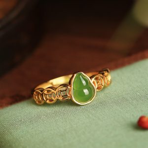Chinese Style Hetian Jade Green Gourd Ring for Women - Pure Silver & Gold-Plated, National Wind Wealth Gathering Jewelry