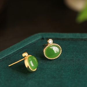 Chinese Style Hetian Jade Green Pure Silver Earrings for Women - Summer National Wind Gold-Inlaid Bright Green Jewelry