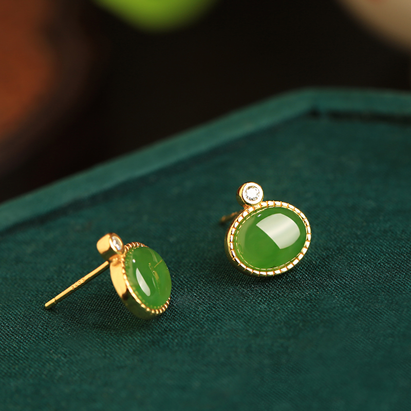 Chinese Style Hetian Jade Green Pure Silver Earrings for Women - Summer National Wind Gold-Inlaid Bright Green Jewelry