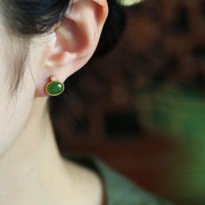 Chinese Style Hetian Jade Green Pure Silver Earrings for Women - Summer National Wind Gold-Inlaid Bright Green Jewelry