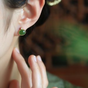 Chinese Style Hetian Jade Green Pure Silver Earrings for Women - Summer National Wind Gold-Inlaid Bright Green Jewelry