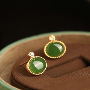 Chinese Style Hetian Jade Green Pure Silver Earrings for Women - Summer National Wind Gold-Inlaid Bright Green Jewelry
