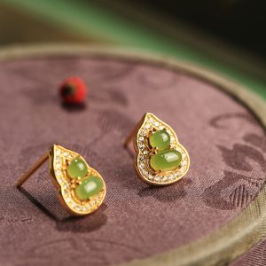 Chinese Style Hetian Jade Pure Silver Gourd Stud Earrings for Women, Elegant Natural Jade Light Luxury Accessories