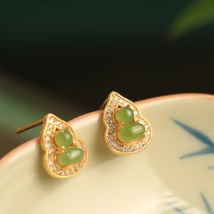 Chinese Style Hetian Jade Pure Silver Gourd Stud Earrings for Women, Elegant Natural Jade Light Luxury Accessories