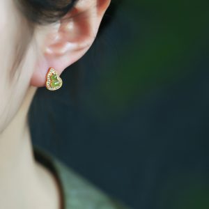 Chinese Style Hetian Jade Pure Silver Gourd Stud Earrings for Women, Elegant Natural Jade Light Luxury Accessories
