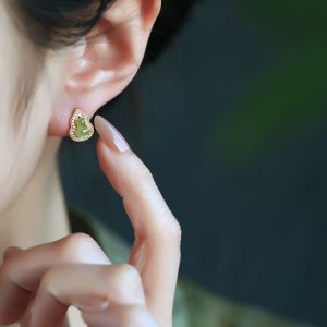 Chinese Style Hetian Jade Pure Silver Gourd Stud Earrings for Women, Elegant Natural Jade Light Luxury Accessories