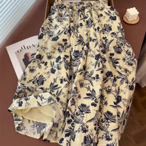 Chinese Style Ink Print A-Line Skirt for Women, Summer Draped Mid-Length Umbrella Skirt, Boho Vintage Fashion