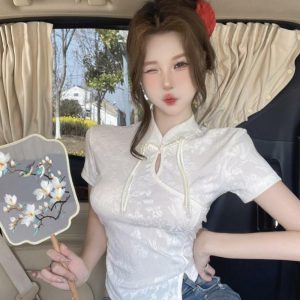 Chinese-Style Jacquard Qipao Short Sleeve T-Shirt for Women, Irregular Summer Top, Unique and Elegant Fashion