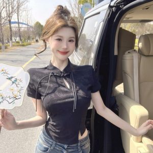Chinese-Style Jacquard Qipao Short Sleeve T-Shirt for Women, Irregular Summer Top, Unique and Elegant Fashion