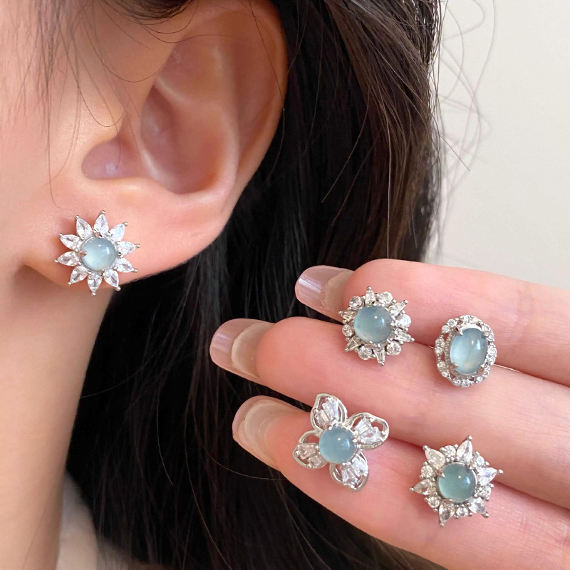 Chinese-Style Jade Earrings in Blue-Green with Sparkling Diamonds and Zirconia, Women's Versatile 2025 Fashion Jewelry