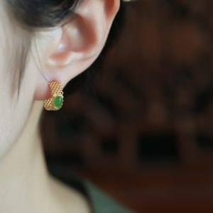 Chinese Style Jade Green Earrings with Gold Inlay - Pure Silver Jewelry for Women - Summer National Trend