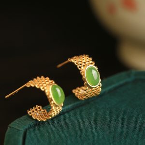 Chinese Style Jade Green Earrings with Gold Inlay - Pure Silver Jewelry for Women - Summer National Trend