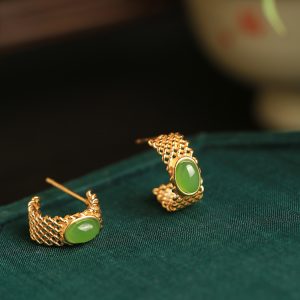 Chinese Style Jade Green Earrings with Gold Inlay - Pure Silver Jewelry for Women - Summer National Trend