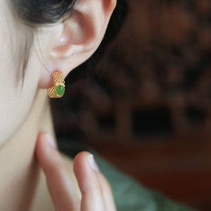 Chinese Style Jade Green Earrings with Gold Inlay - Pure Silver Jewelry for Women - Summer National Trend