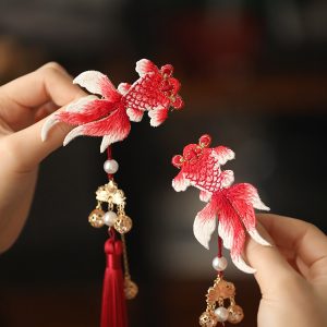 Chinese Style Koi Girl Hair Clip with Tassels - Red Embroidery Ancient Hanfu Side Clip for Kids