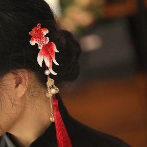 Chinese Style Koi Girl Hair Clip with Tassels - Red Embroidery Ancient Hanfu Side Clip for Kids