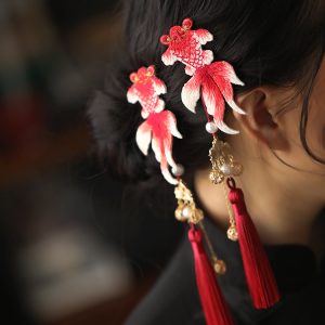 Chinese Style Koi Girl Hair Clip with Tassels - Red Embroidery Ancient Hanfu Side Clip for Kids