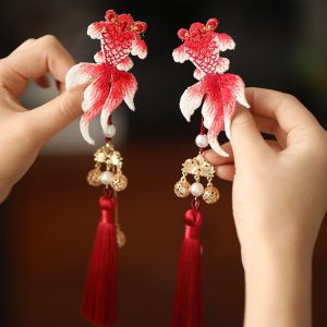 Chinese Style Koi Girl Hair Clip with Tassels - Red Embroidery Ancient Hanfu Side Clip for Kids