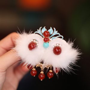 Chinese-Style Lion Hairpin Side Clip, Cute Fluffy Hanfu Headwear for Autumn Winter, Ancient Style Accessories for Little Girls
