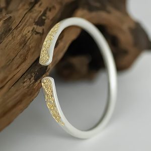 Chinese Style Lucky Cat Pure Silver 9999 Gold-Plated Cuff Bracelet for Women - Ancient Method Open Bangle Gift