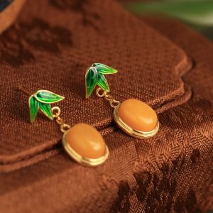 Chinese Style Natural Beeswax Silver Earrings with Bamboo Leaf Enamel and Yellow Jade, Elegant Gold Inlaid Ear Pendants for Women