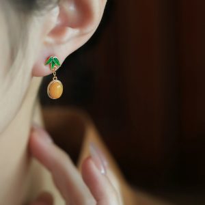 Chinese Style Natural Beeswax Silver Earrings with Bamboo Leaf Enamel and Yellow Jade, Elegant Gold Inlaid Ear Pendants for Women