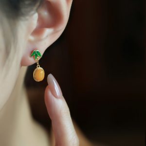Chinese Style Natural Beeswax Silver Earrings with Bamboo Leaf Enamel and Yellow Jade, Elegant Gold Inlaid Ear Pendants for Women