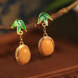 Chinese Style Natural Beeswax Silver Earrings with Bamboo Leaf Enamel and Yellow Jade, Elegant Gold Inlaid Ear Pendants for Women