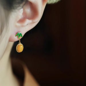 Chinese Style Natural Beeswax Silver Earrings with Bamboo Leaf Enamel and Yellow Jade, Elegant Gold Inlaid Ear Pendants for Women