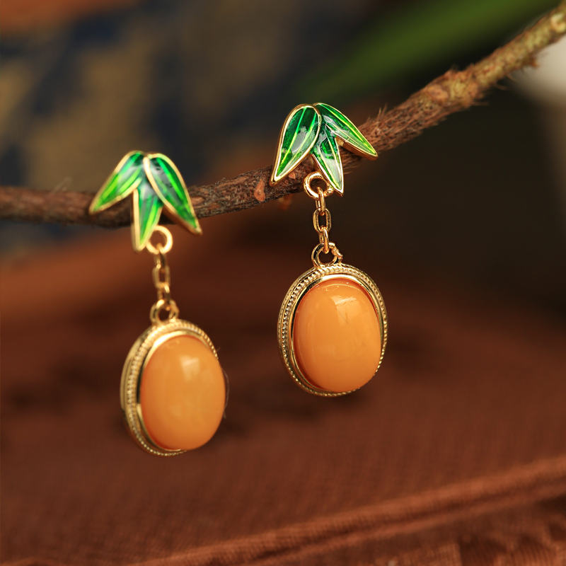 Chinese Style Natural Beeswax Silver Earrings with Bamboo Leaf Enamel and Yellow Jade, Elegant Gold Inlaid Ear Pendants for Women