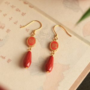 Chinese Style Natural Cinnabar Pure Silver Earrings with Five Scriptures for Women - Red Zodiac Year Ear Accessories
