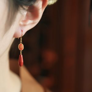 Chinese Style Natural Cinnabar Pure Silver Earrings with Five Scriptures for Women - Red Zodiac Year Ear Accessories