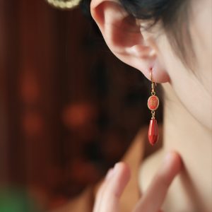 Chinese Style Natural Cinnabar Pure Silver Earrings with Five Scriptures for Women - Red Zodiac Year Ear Accessories