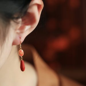 Chinese Style Natural Cinnabar Pure Silver Earrings with Five Scriptures for Women - Red Zodiac Year Ear Accessories