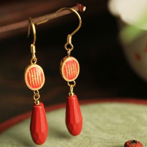 Chinese Style Natural Cinnabar Pure Silver Earrings with Five Scriptures for Women - Red Zodiac Year Ear Accessories