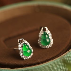 Chinese Style Natural Jade Gourd Earrings in Yang Green with Pure Silver - Elegant National Wind Gemstone Accessories for Women