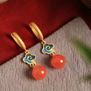 Chinese Style Natural Red Agate Pure Silver Auspicious Cloud Earrings for Women - Enamel Color Birth Year Pendants