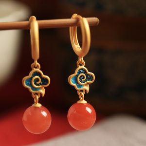 Chinese Style Natural Red Agate Pure Silver Auspicious Cloud Earrings for Women - Enamel Color Birth Year Pendants