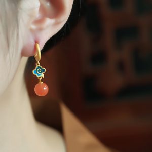 Chinese Style Natural Red Agate Pure Silver Auspicious Cloud Earrings for Women - Enamel Color Birth Year Pendants