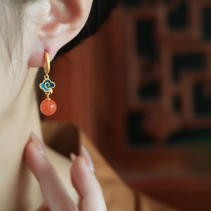 Chinese Style Natural Red Agate Pure Silver Auspicious Cloud Earrings for Women - Enamel Color Birth Year Pendants
