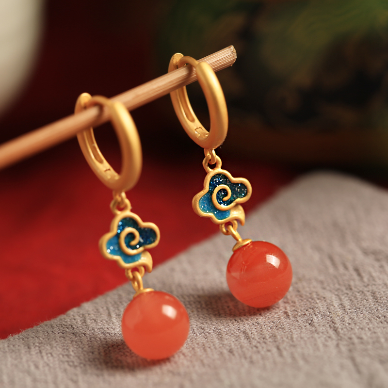 Chinese Style Natural Red Agate Pure Silver Auspicious Cloud Earrings for Women - Enamel Color Birth Year Pendants