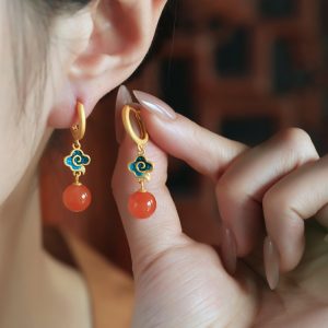Chinese Style Natural Red Agate Pure Silver Auspicious Cloud Earrings for Women - Enamel Color Birth Year Pendants