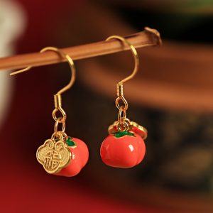 Chinese Style Persimmon-Shaped Silver Enamel Earrings for Women, Good Fortune Design, Red Stud and Drop Earrings
