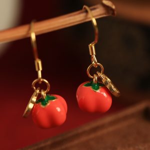 Chinese Style Persimmon-Shaped Silver Enamel Earrings for Women, Good Fortune Design, Red Stud and Drop Earrings