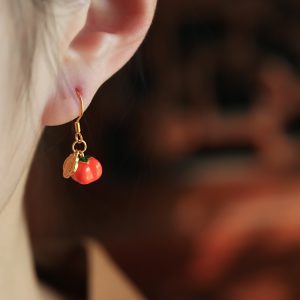 Chinese Style Persimmon-Shaped Silver Enamel Earrings for Women, Good Fortune Design, Red Stud and Drop Earrings